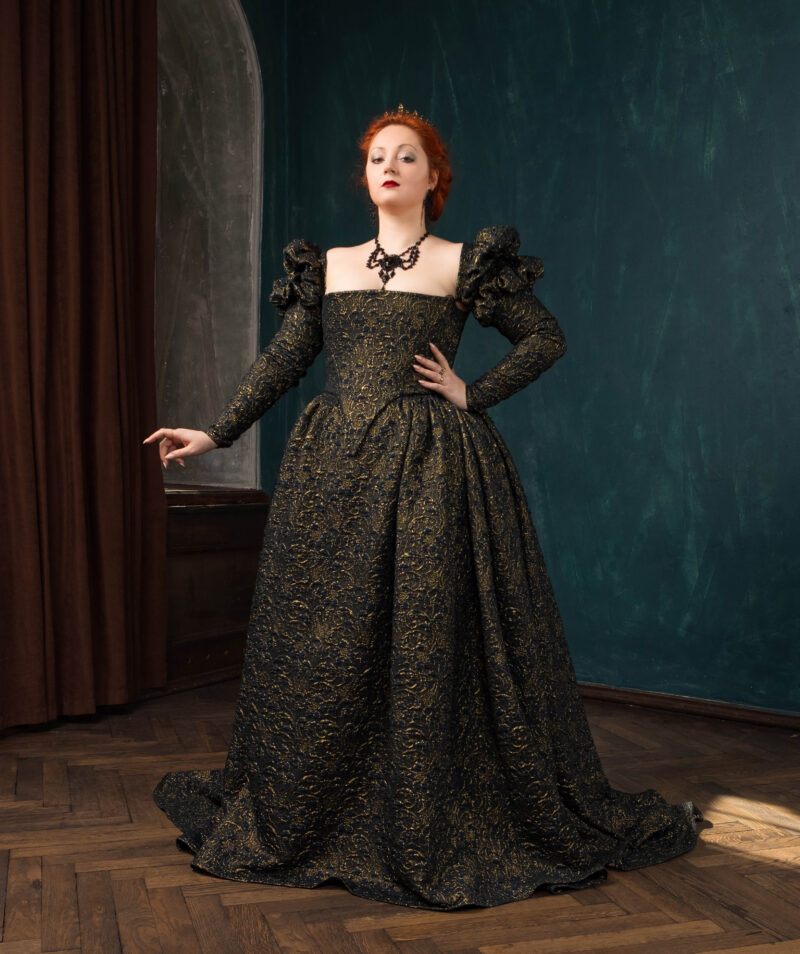 Dark Queen Black and Gold Gown, Halloween Renaissance Dress, Elizabethan Dark Fantasy Gown - Image 2
