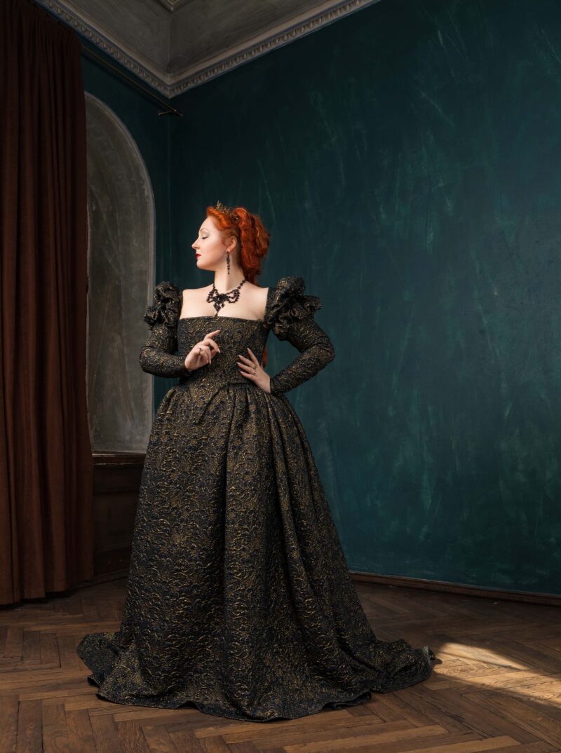 Dark Queen Black and Gold Gown, Halloween Renaissance Dress, Elizabethan Dark Fantasy Gown - Image 6