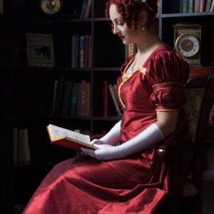 Red Silk Empire Dress, Regency Evening Luxurious Gown