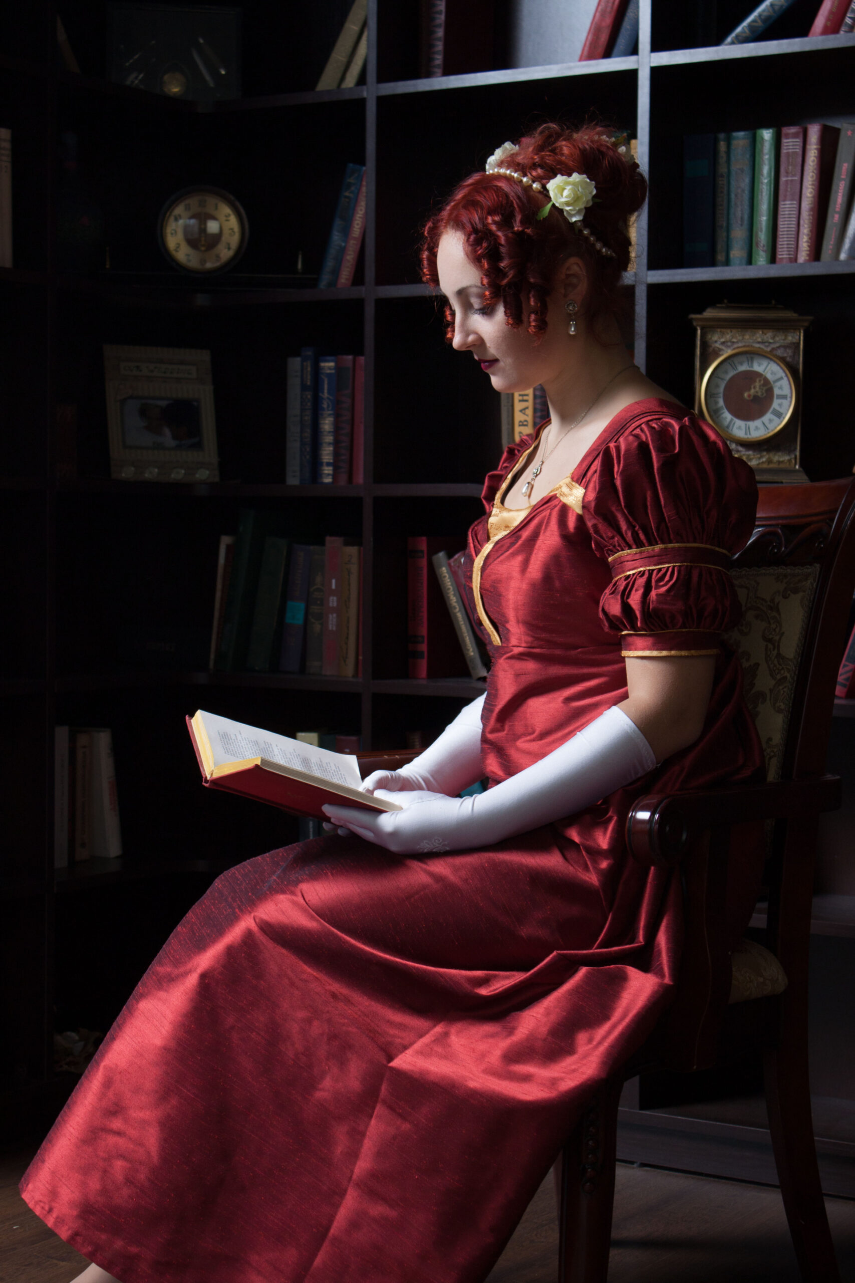 Red Silk Empire Dress, Regency Evening Luxurious Gown