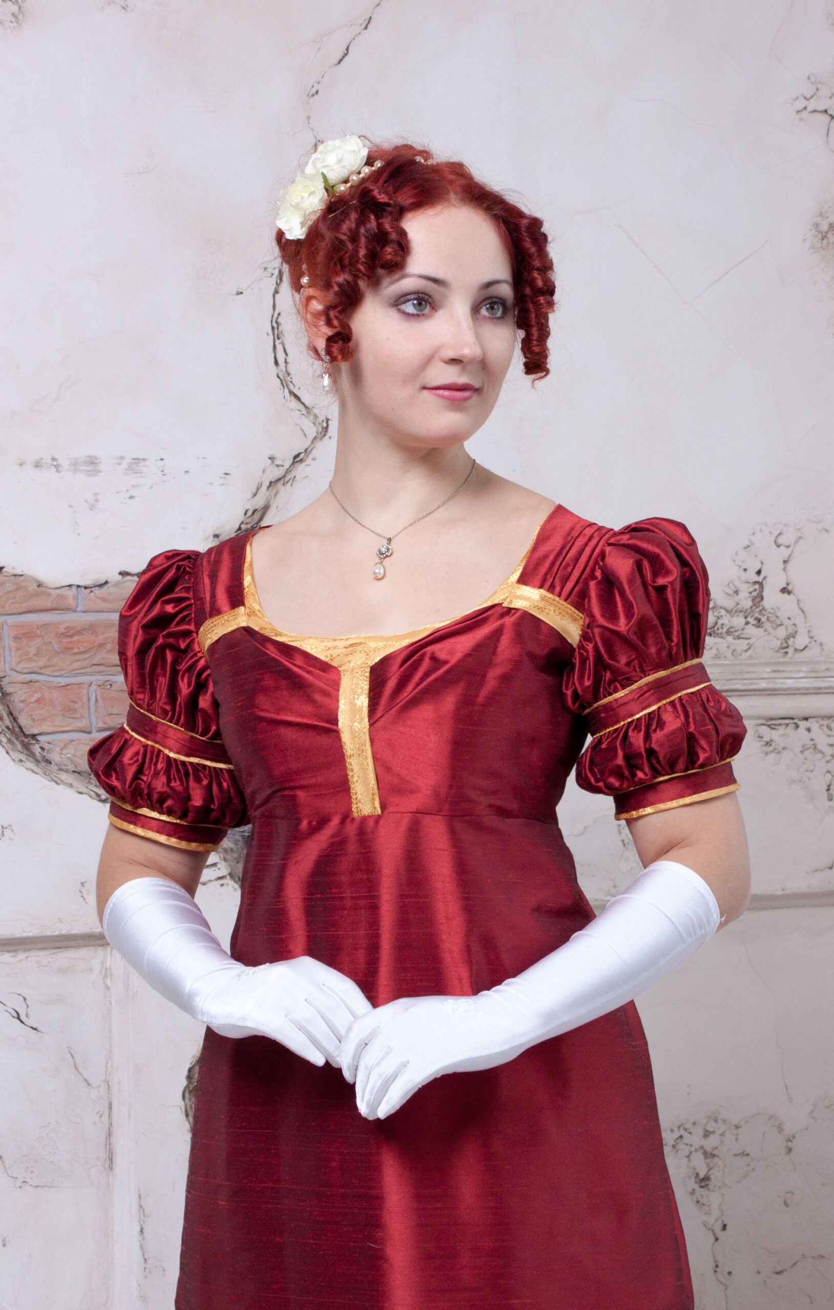 Red Silk Empire Dress, Regency Evening Luxurious Gown - Image 4
