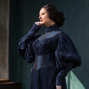 1900 Aesthetic Dress, Late Victorian Plisse Teagown, Pre-Raphaelite Dark Blue Gown