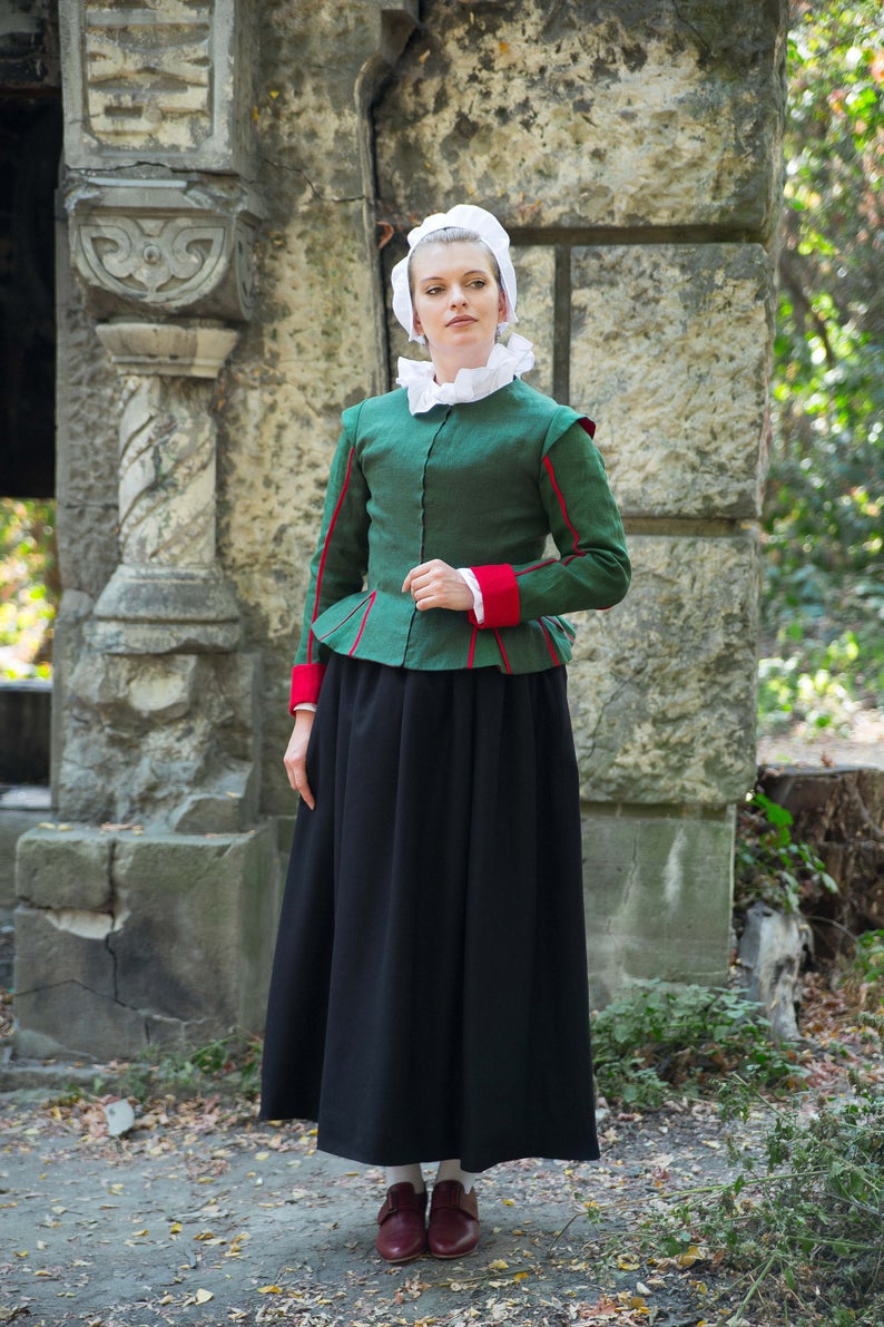 Elizabethan Green Linen Jacket, 1600s SCA Witch Costume, Mayflower Thanksgiving Halloween Outfit - Image 4