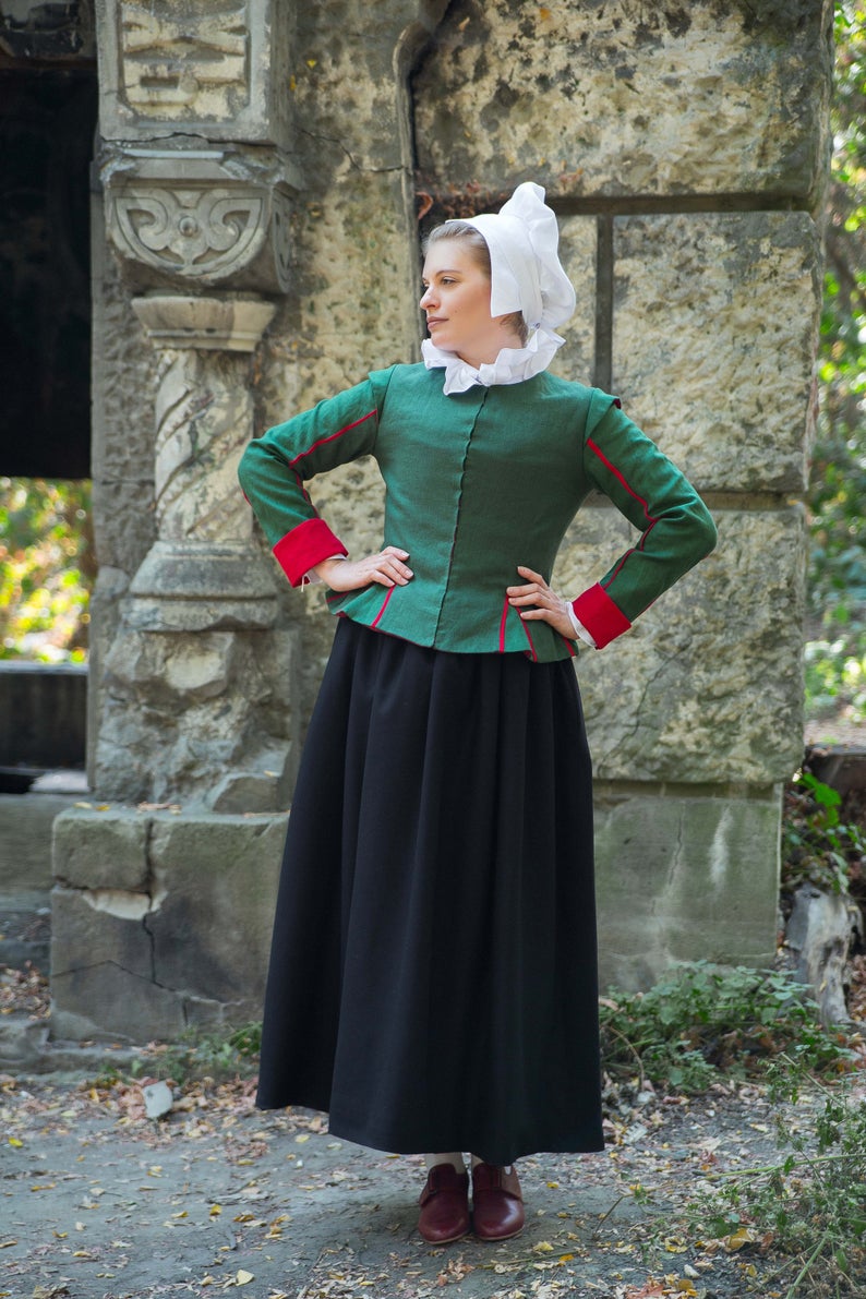Elizabethan Green Linen Jacket, 1600s SCA Witch Costume, Mayflower Thanksgiving Halloween Outfit - Image 5