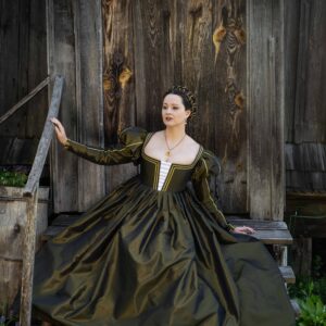 Olive Green Taffeta Renaissance Dress, 1500s Historical Gown for Renfair