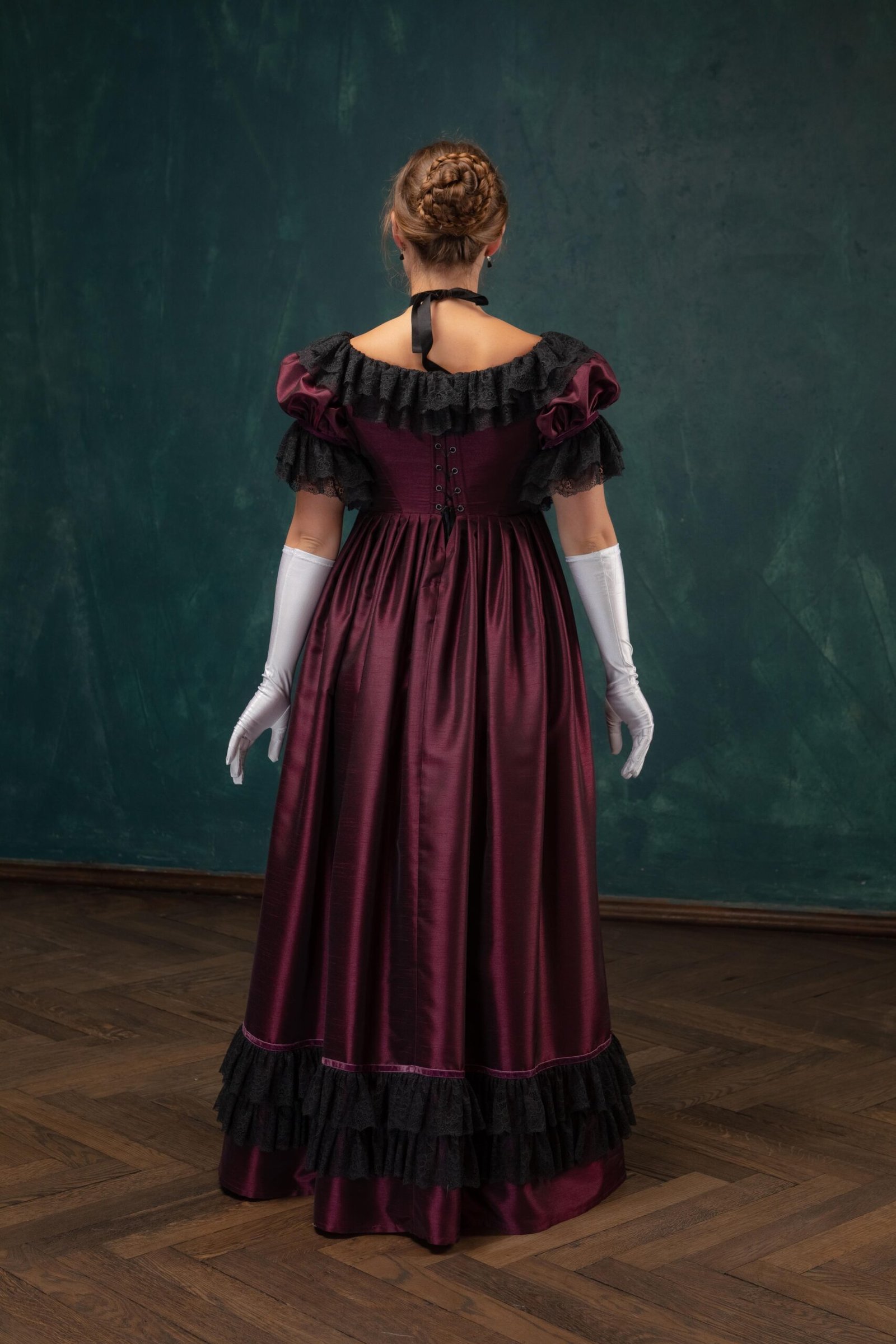 Regency Dress in Burgundy Taffeta and Black Lace, 1810s Gothic Historical Evening Gown - Image 4