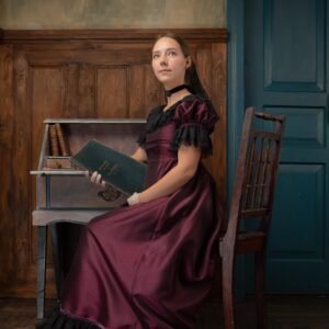 Regency Dress in Burgundy Taffeta and Black Lace, 1810s Gothic Historical Evening Gown