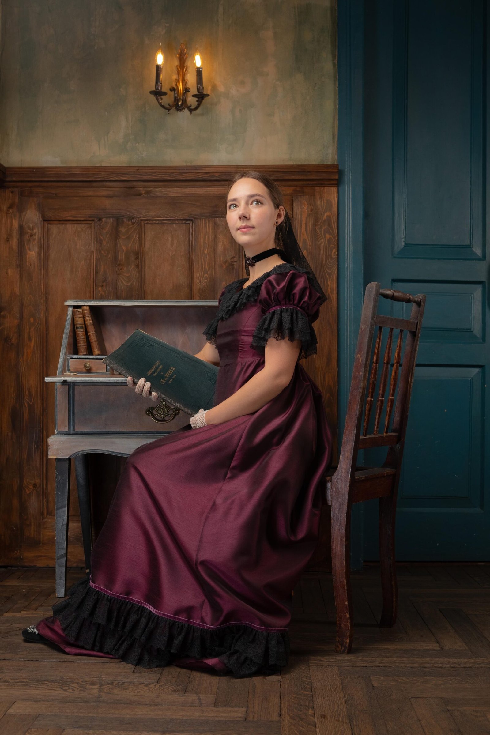 Regency Dress in Burgundy Taffeta and Black Lace, 1810s Gothic Historical Evening Gown