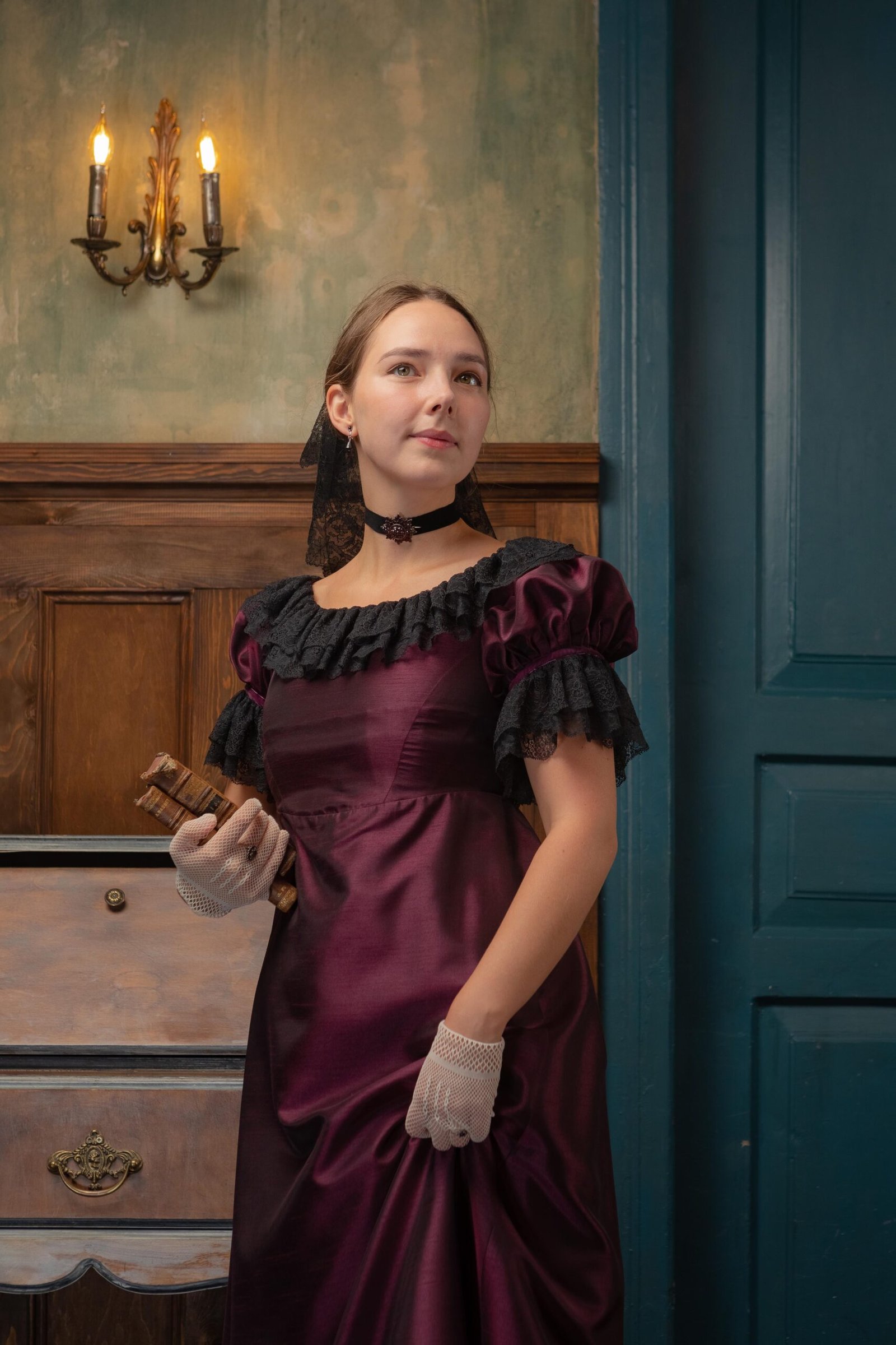 Regency Dress in Burgundy Taffeta and Black Lace, 1810s Gothic Historical Evening Gown - Image 10