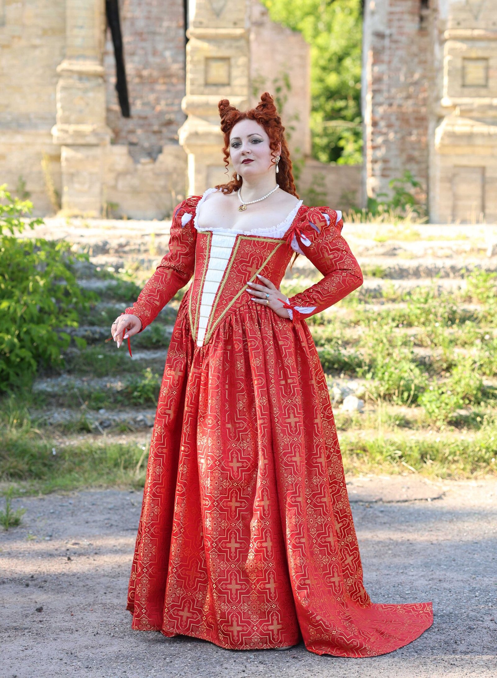 Virtuous Courtesan Renaissance Gown, 1570s Red and Gold Veronica Franco Dress for Venice Carnival - Image 6